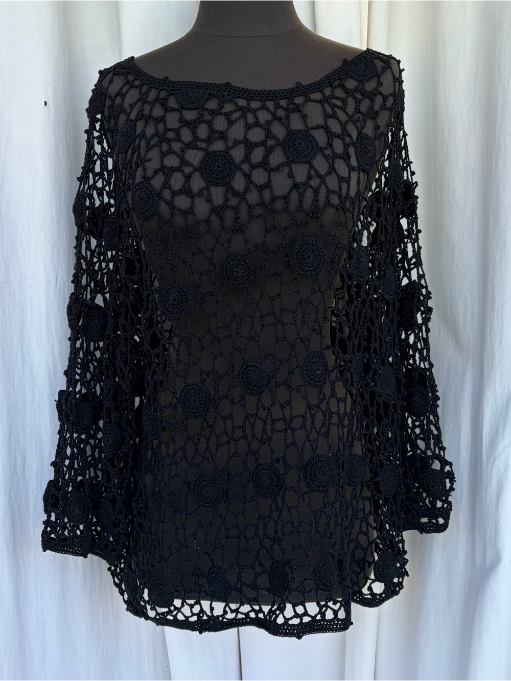Vintage Black Crochet Sheer Long Sleeve Top, Y2K Whimsygoth Fairy Grunge Boho